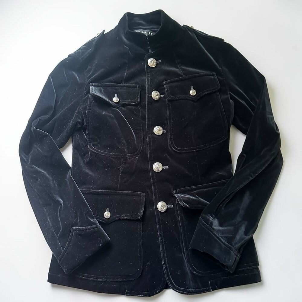 Ralph Lauren Black Label Velvet Military Style Riding Jacket Womens 6 Black Coat